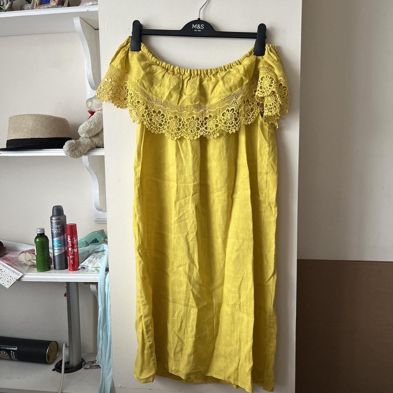 C.Valentyne yellow off shoulder embroidered midi. Depop