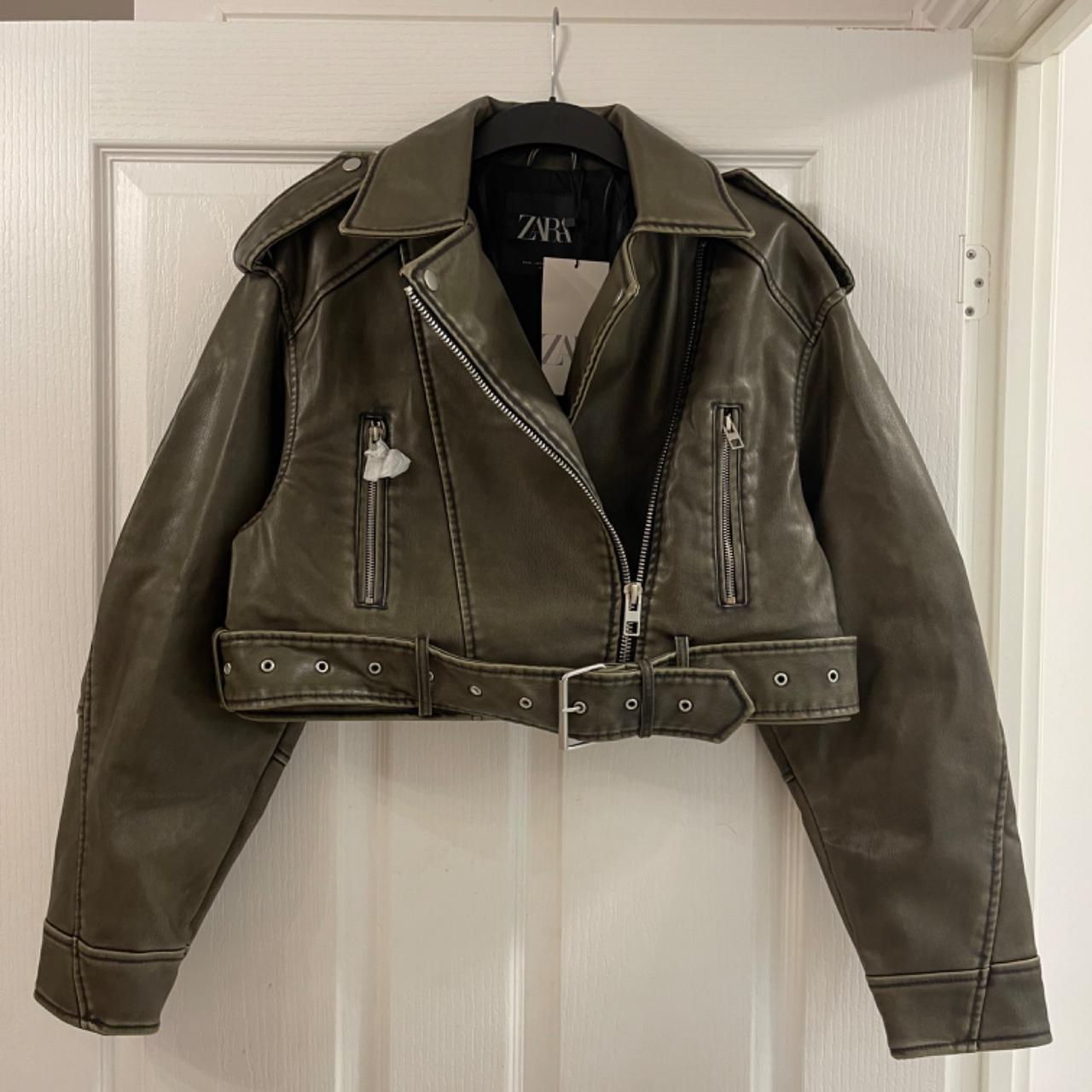 Zara charcoal cropped leather biker jacket sizes... Depop
