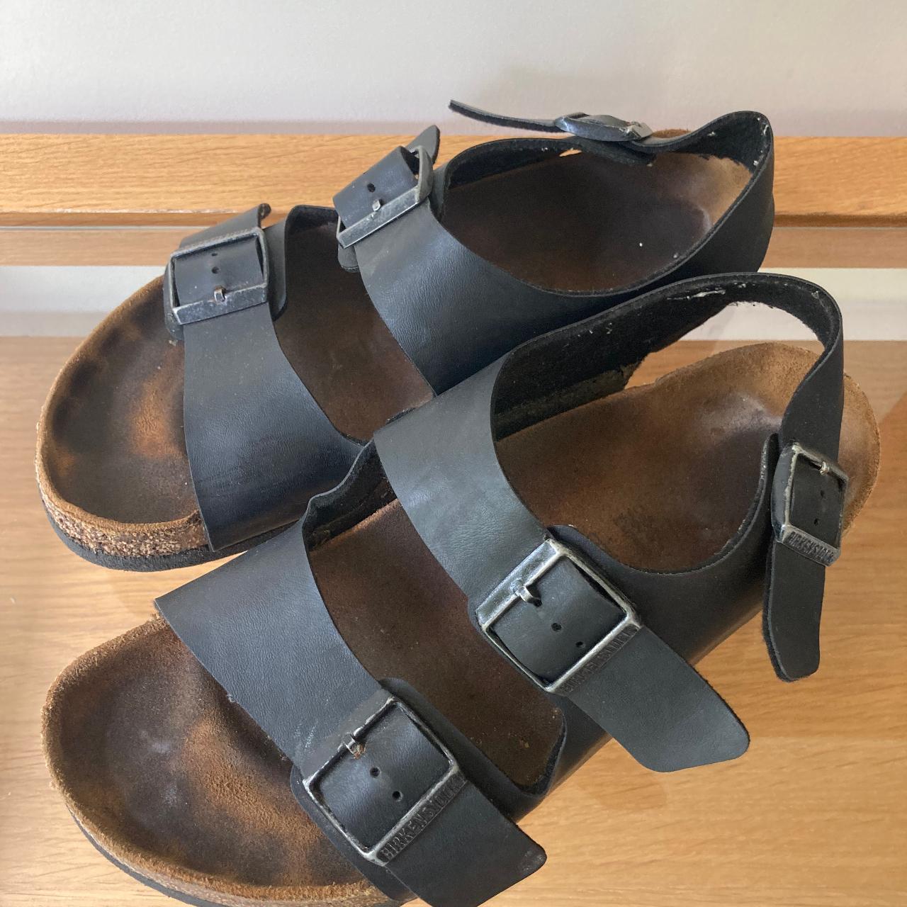 black Birkenstocks with ankle strap and synthetic... Depop