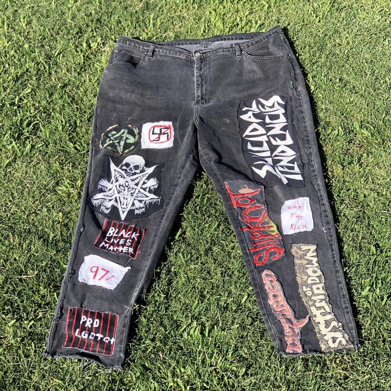 Black denim patch pants Size: 40 male Condition:... - Depop