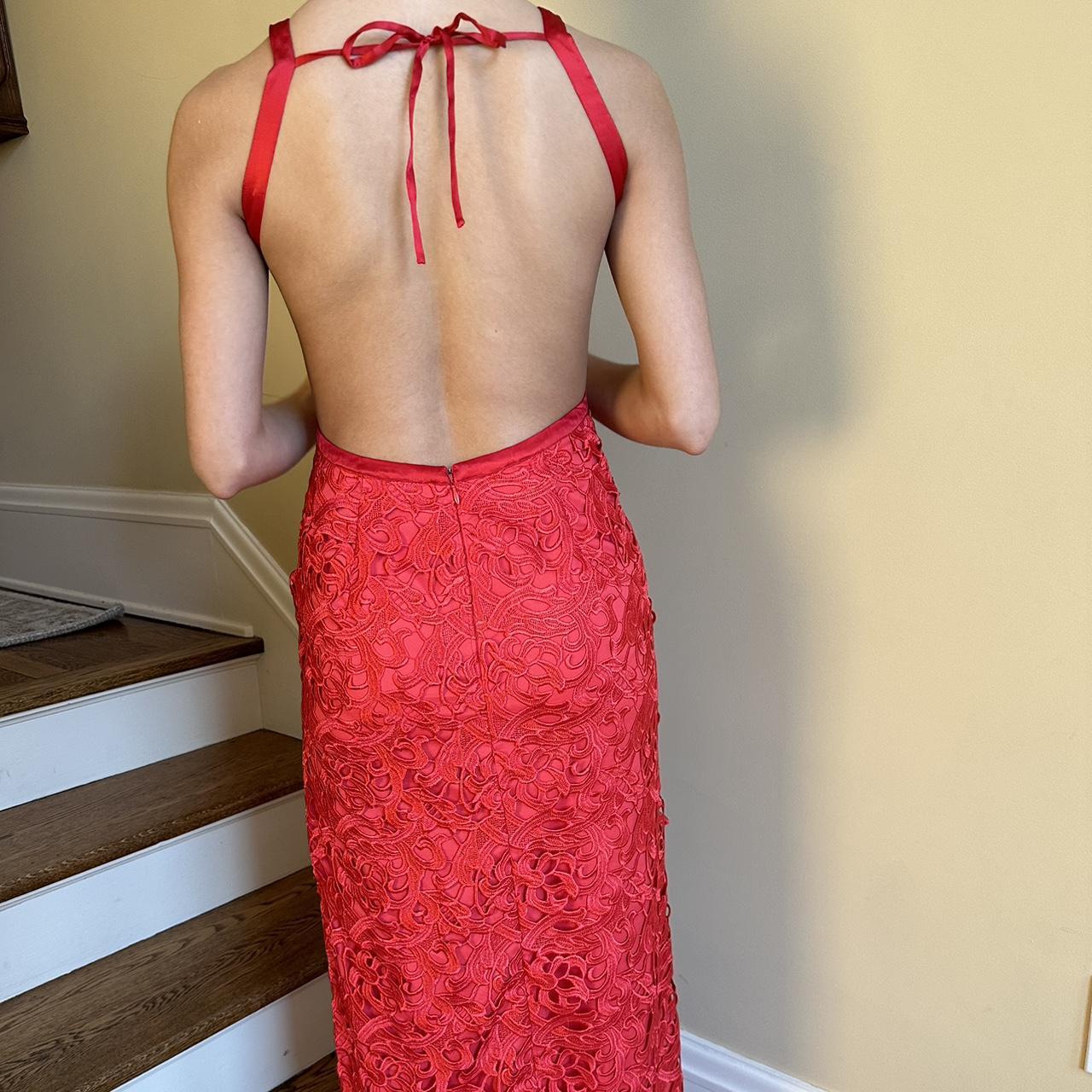 designer aidan mattox red lace and silk maxi