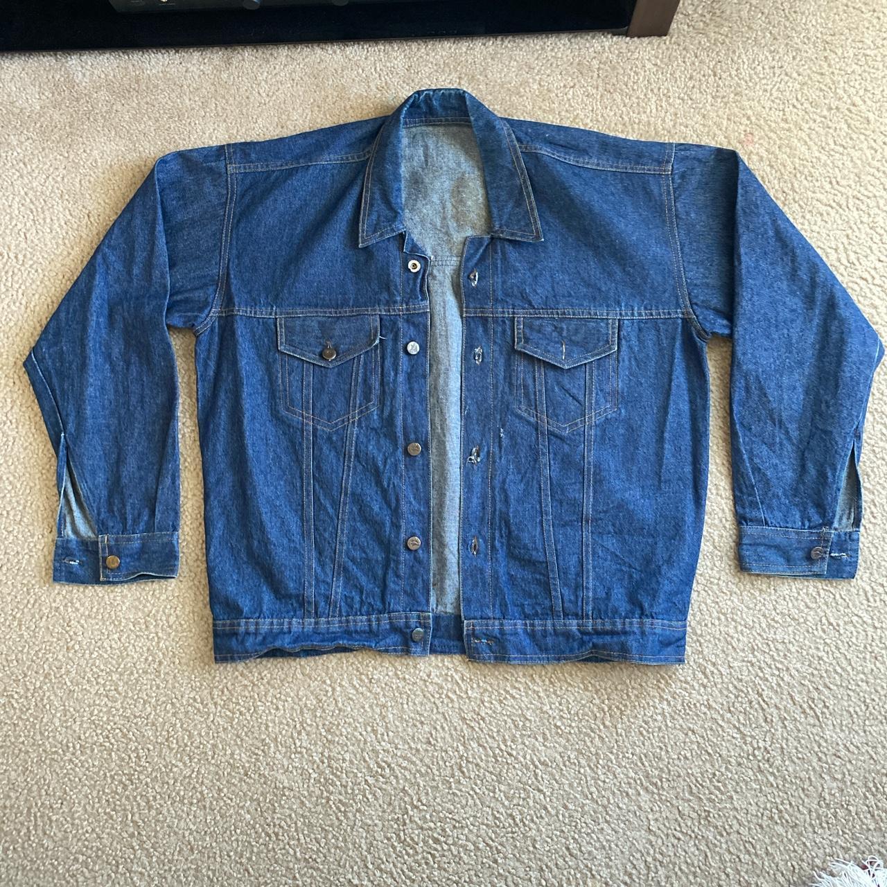 Vintage Navy denim jacket Doesn’t have a size tagged... - Depop