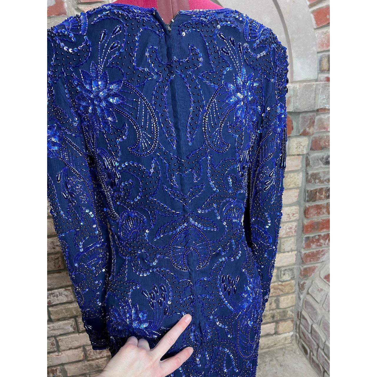 Dress 100% silk beaded sequins fringe 1980s good blue