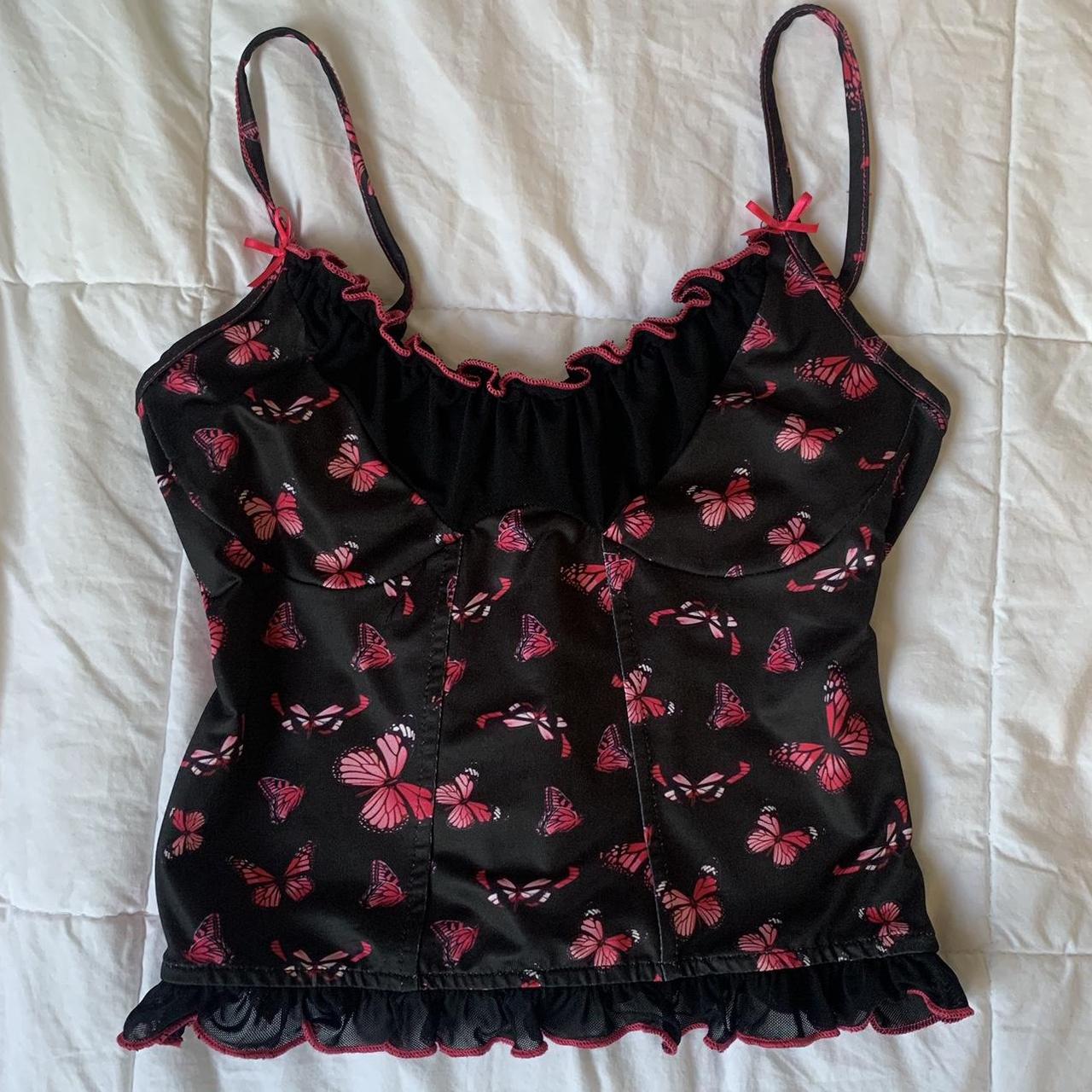 Small Black Corset-Style Butterfly Cami w/ Lace Trim... - Depop