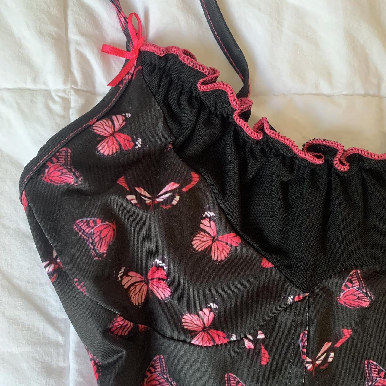 Small Black Corset-Style Butterfly Cami w/ Lace Trim... - Depop