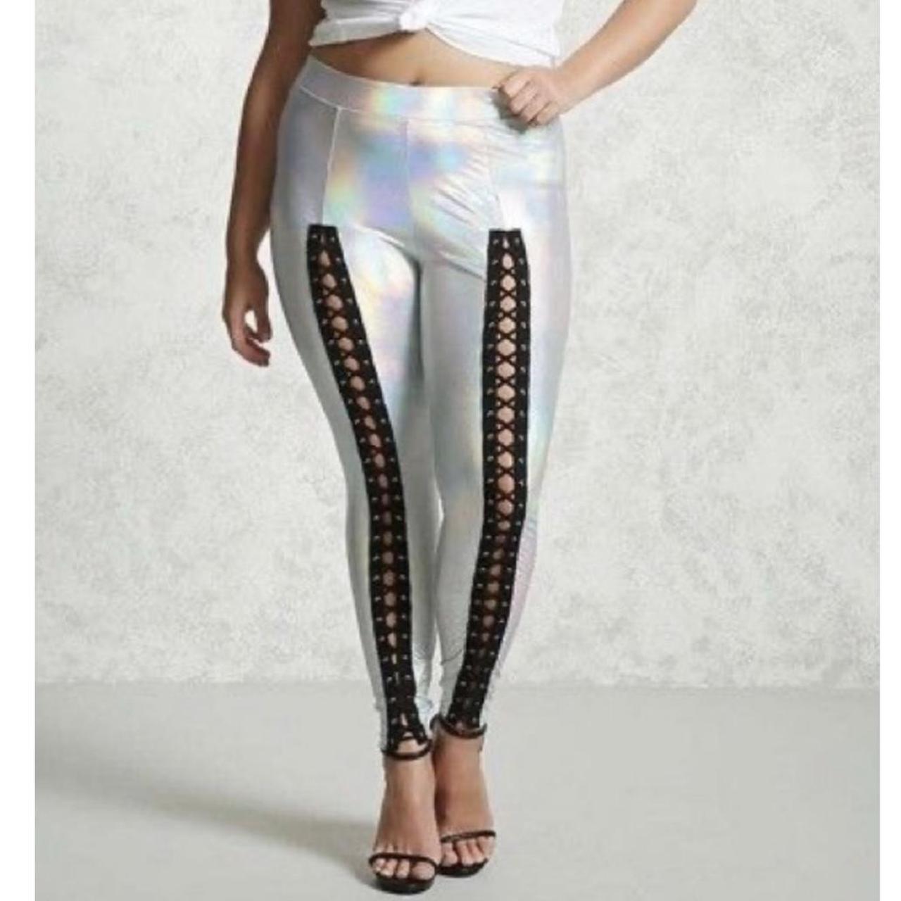 Forever 21 Silver Holographic Lace Up Leggings Depop