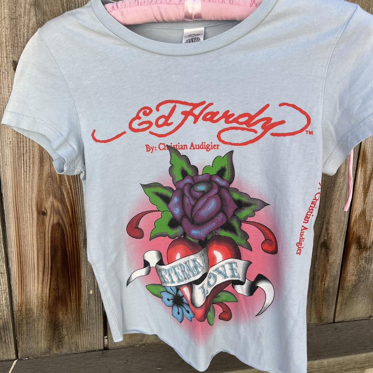 Ed Hardy Baby Blue Graphic Baby Tee ︎· . ༉‧₊˚.... - Depop