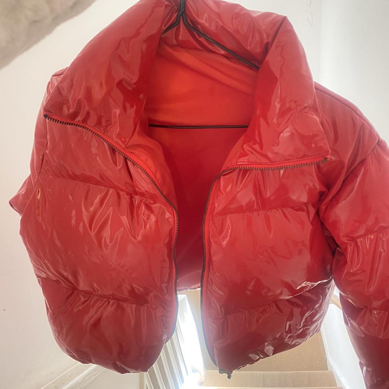 shiny red puffer jacket - Depop