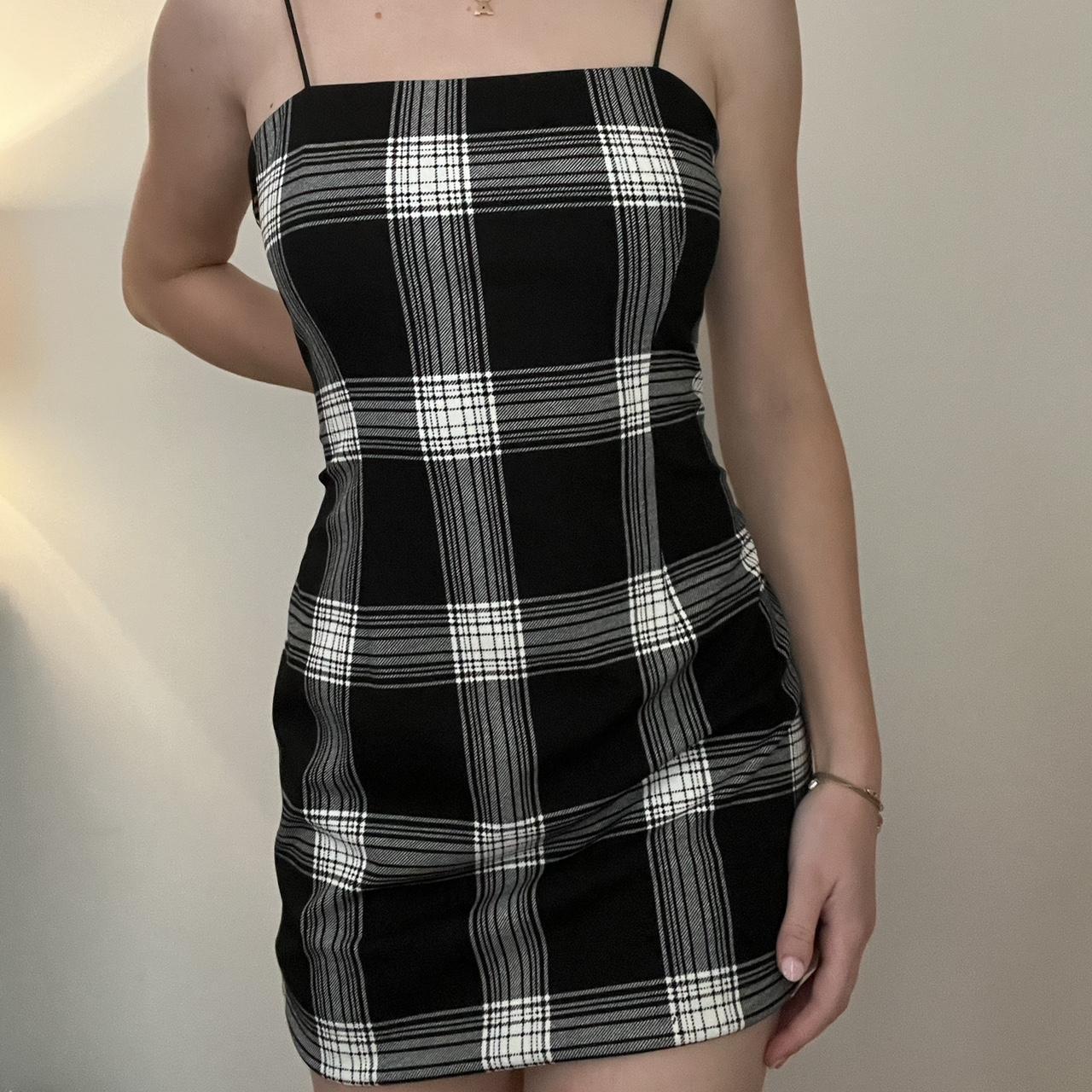 Size medium Aqua black and white plaid mini dress. Depop