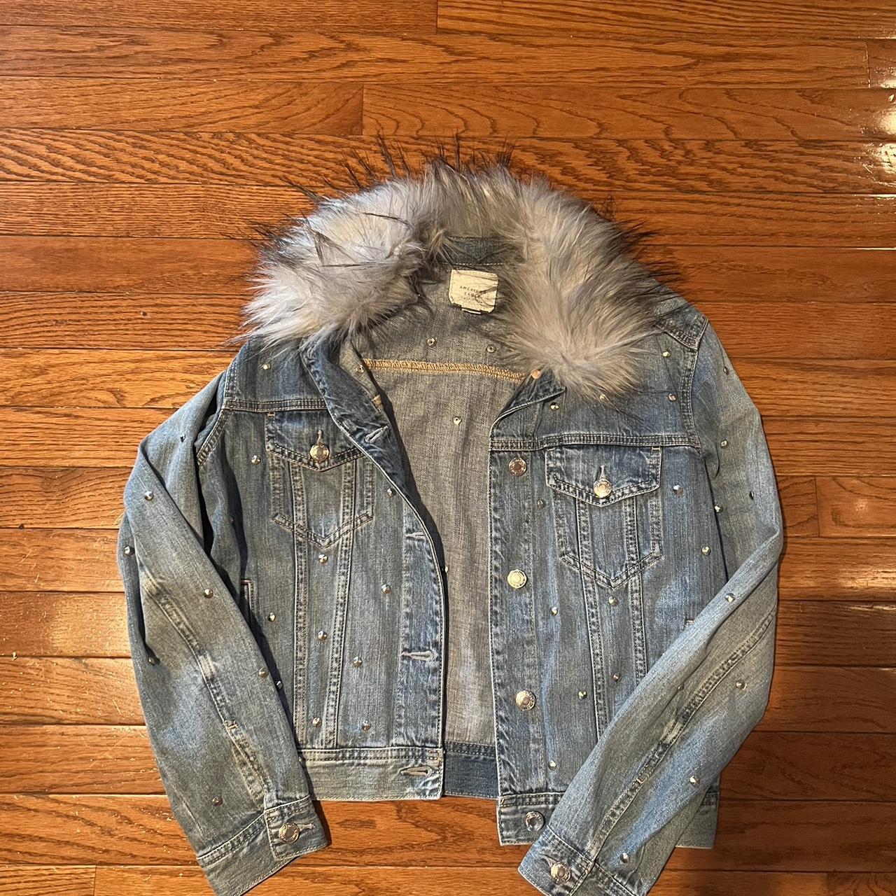 y2k faux fur studded jean jacket SEND OFFERS Depop