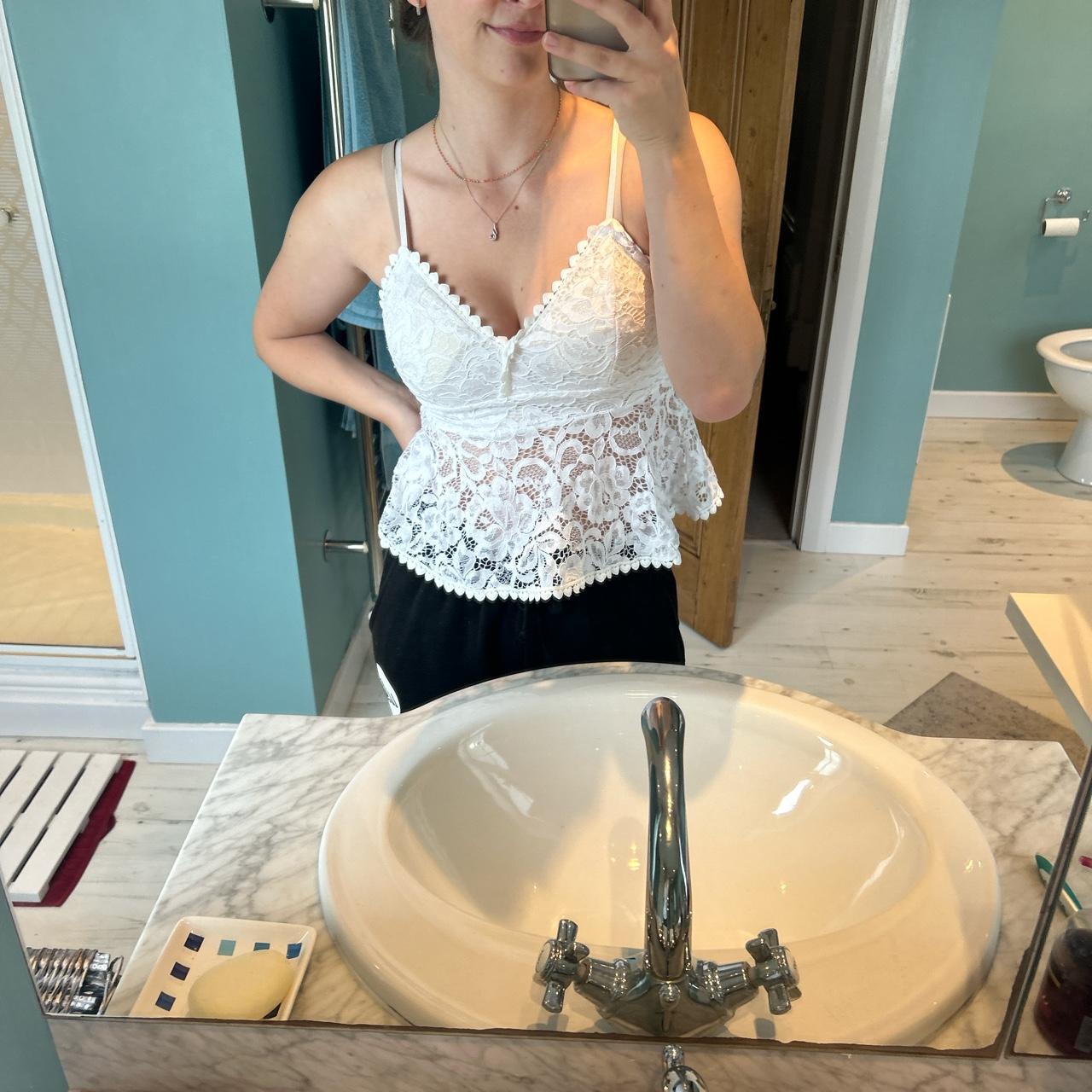 White lacy top. Padded bra. Strappy with adjustable... - Depop