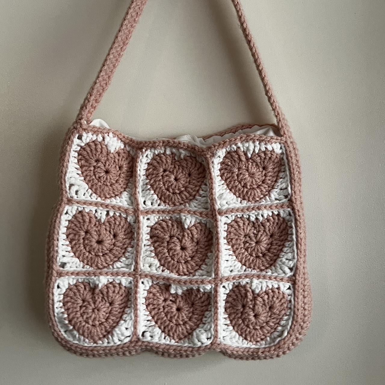 Granny Square Heart Crochet Bag Pink, White, - Depop