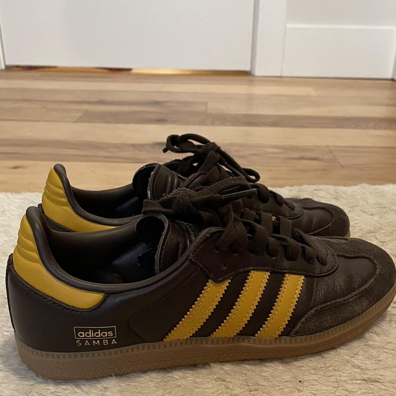 Brown and yellow adidas sambas in size 6 men’s/7.5... - Depop