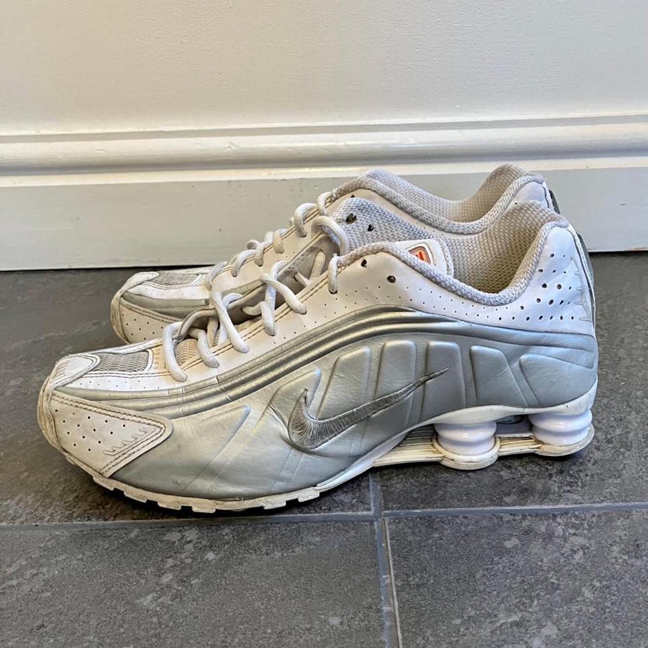 Nike Shox R4 White Metallic Bit of creasing in the... - Depop