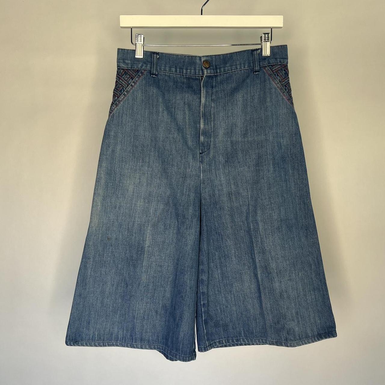 Vintage 80’s 90’s blue denim culottes shorts, with... - Depop