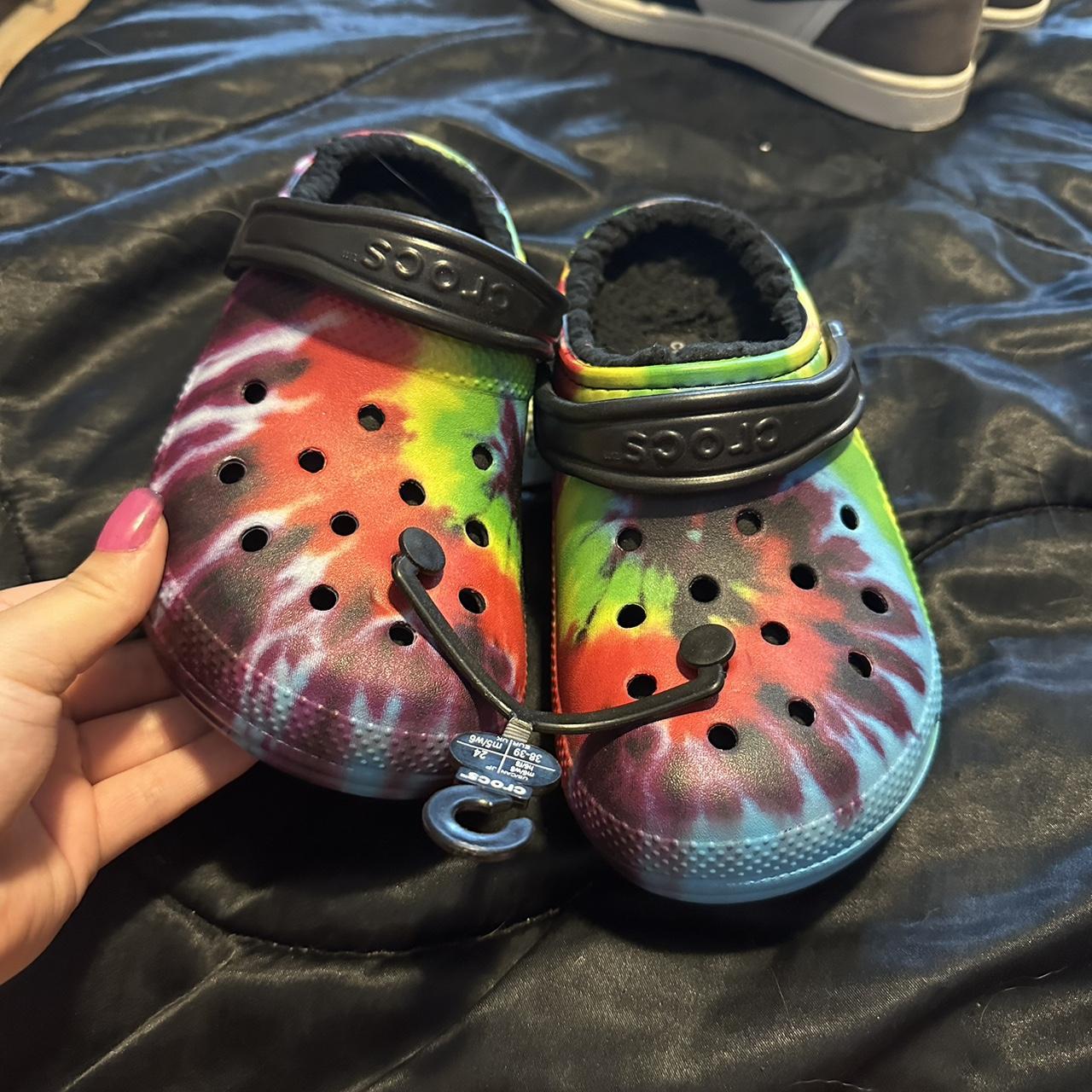 Brand new lime green crocs with white/grey tie dye - Depop