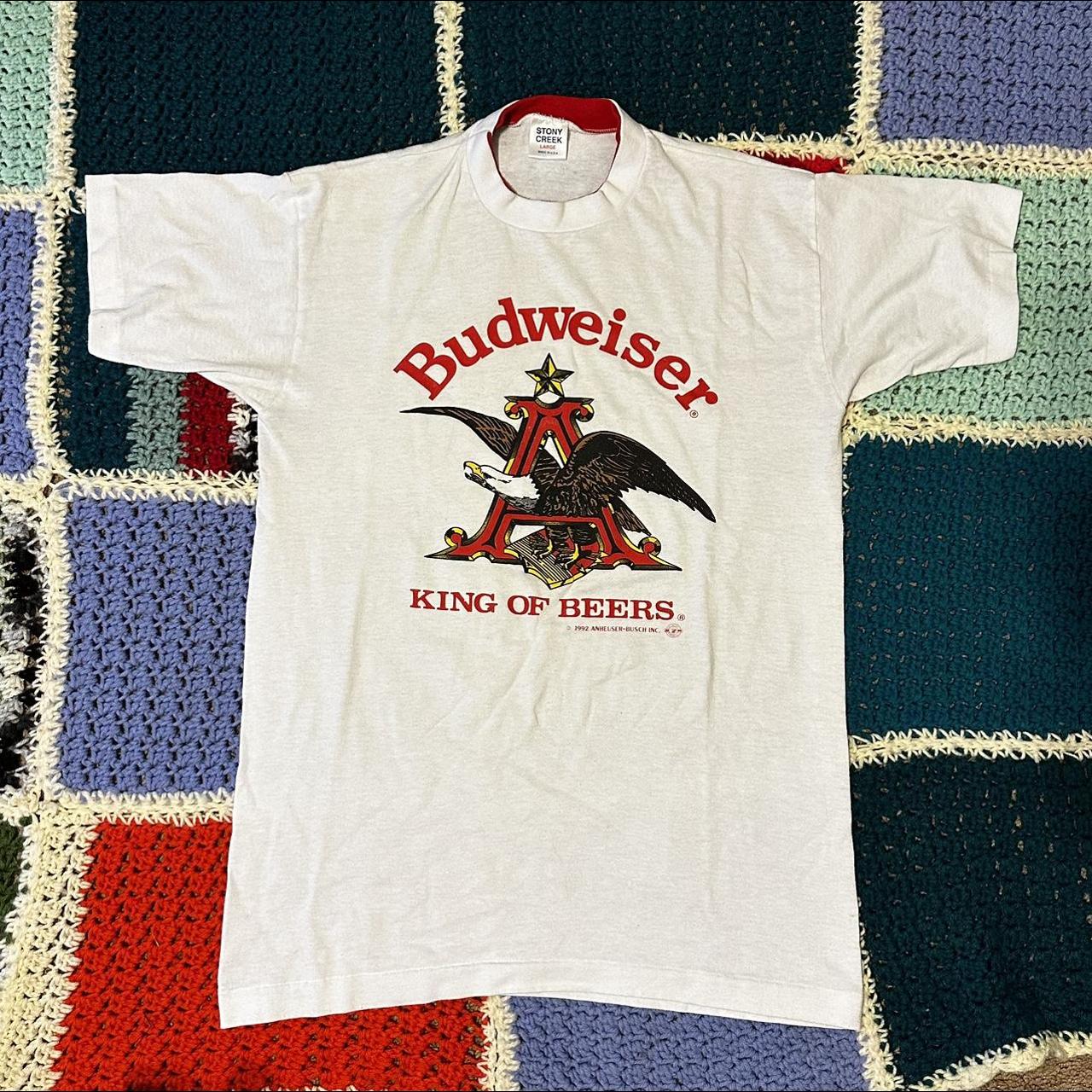 Budweiser Mens Red And White T Shirt Depop