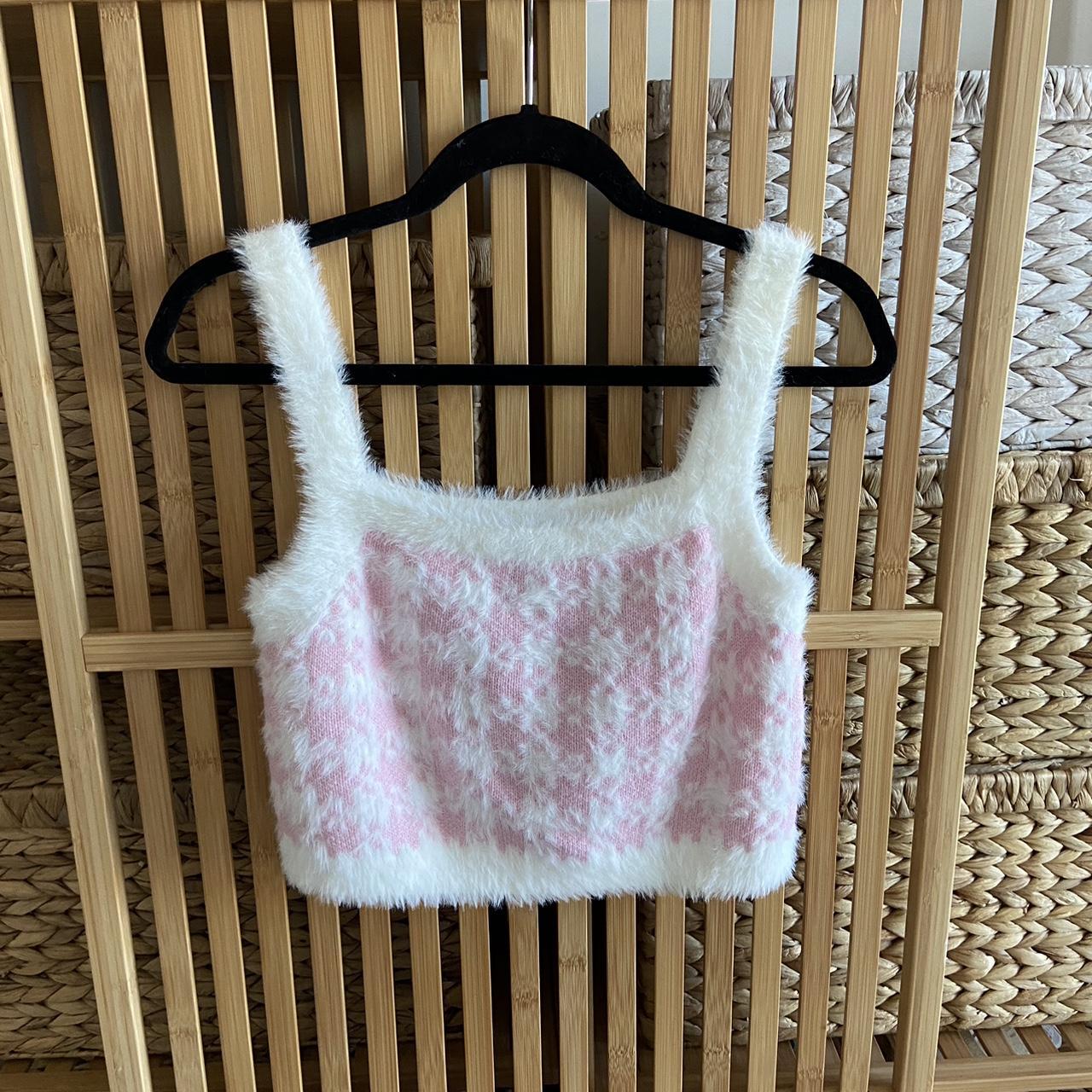 Pink and white pattern fluffy crop Never worn Brand:... - Depop