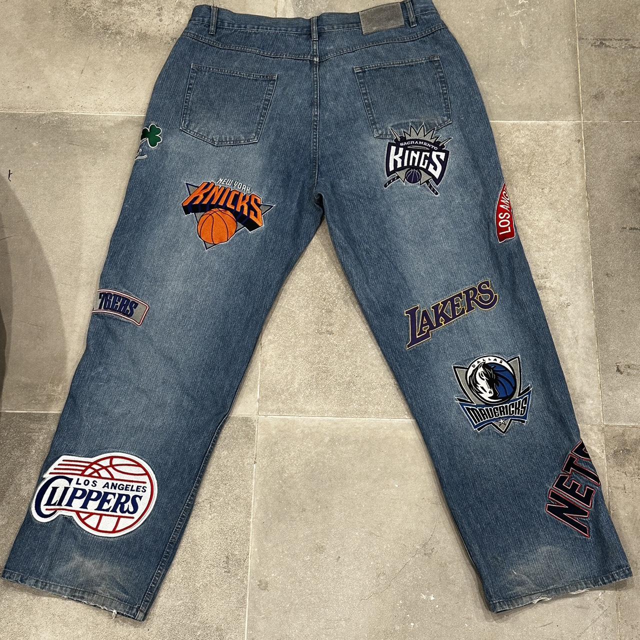 Y2K UNK EMBROIDERED AOP NBA TEAMS BAGGY JEANS Size | Depop