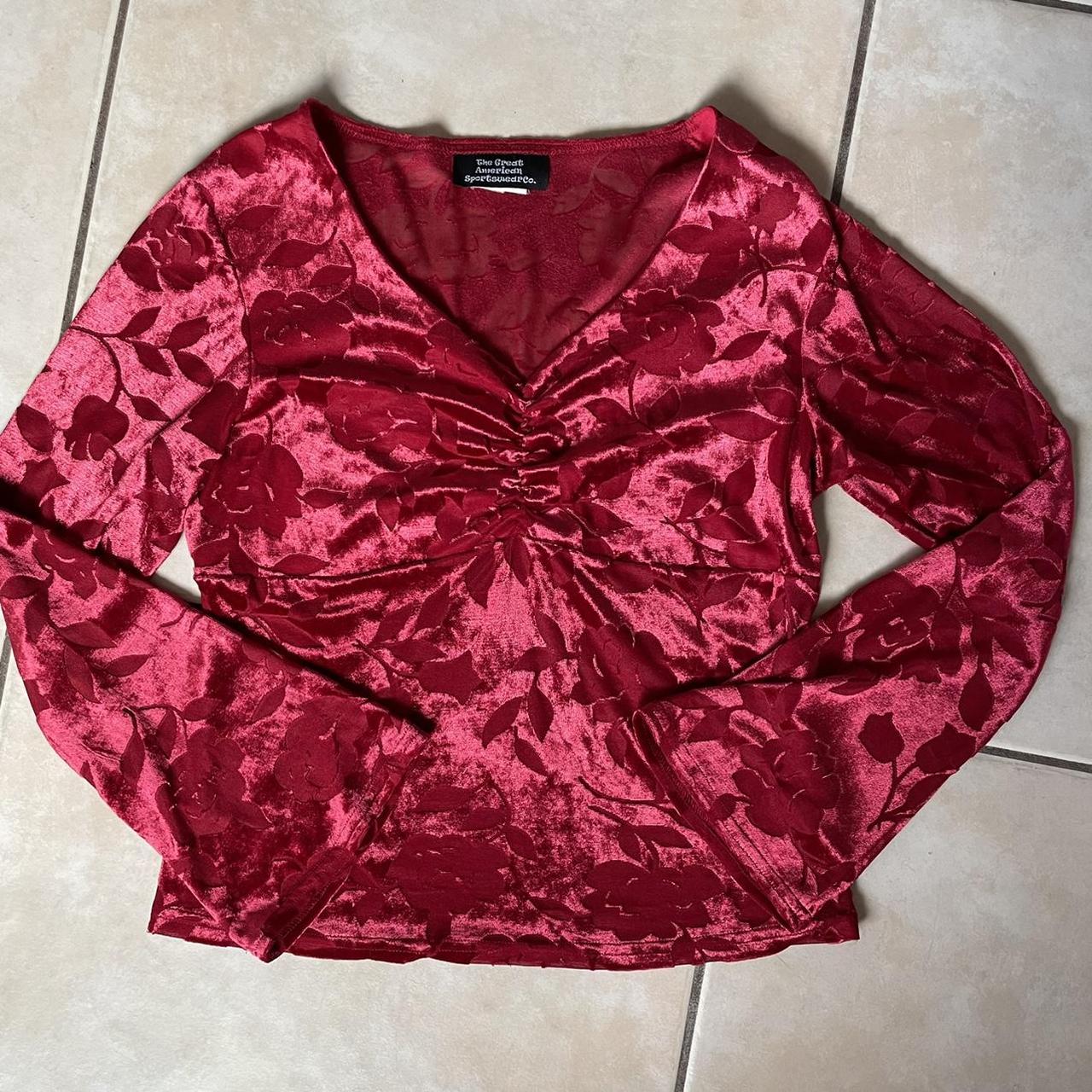 Red velvet top with a floral pattern. Has bell... - Depop