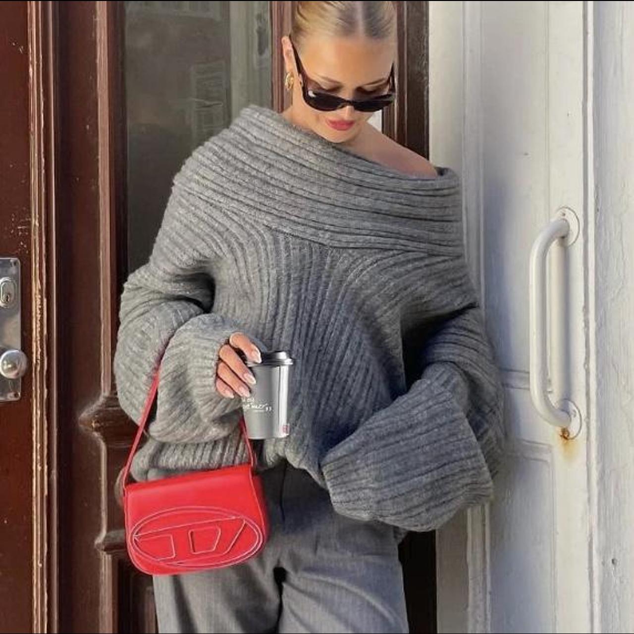 GREY KNIT OFF THE SHOULDER BARDOT SWEATER Brand... Depop