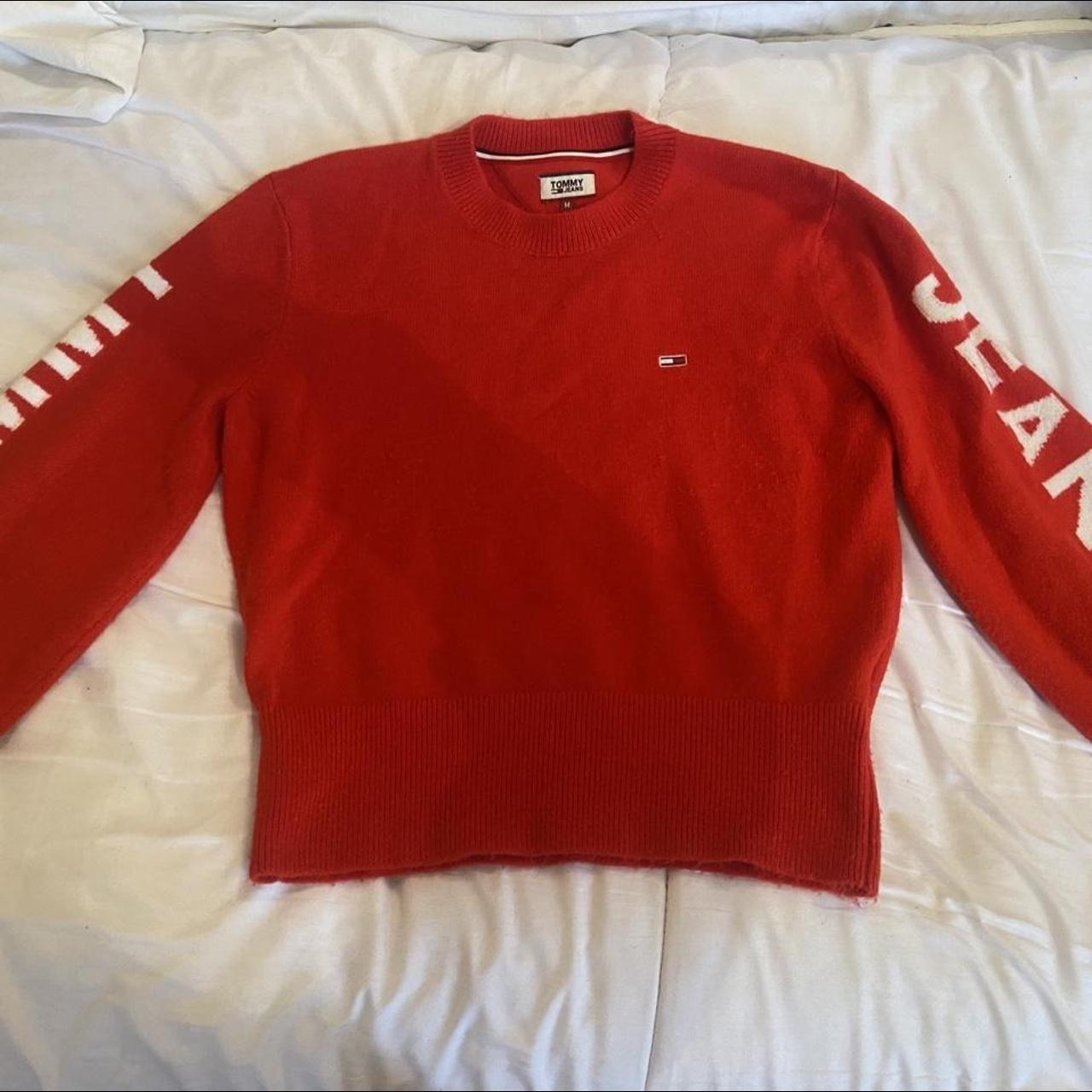 Red knit Tommy Hilfigure jersey in good condition... - Depop