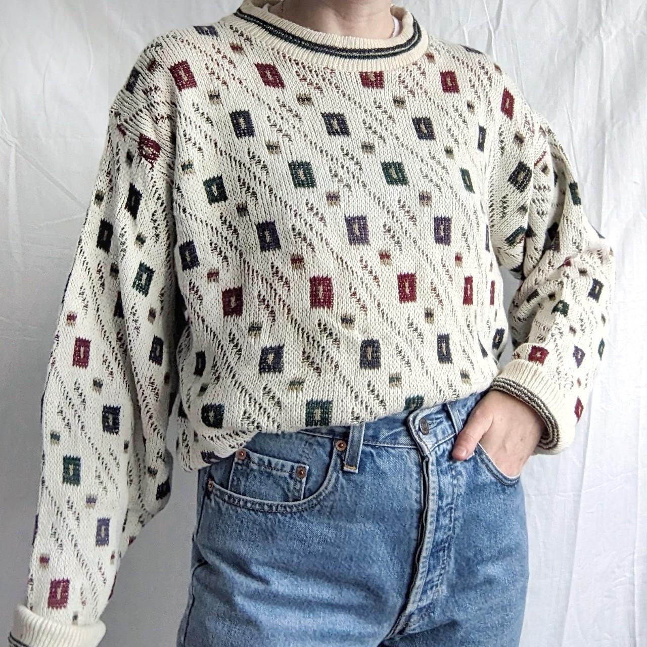 Vintage 80s 90s Knit Sweater ~ Cream & coloured ~... - Depop