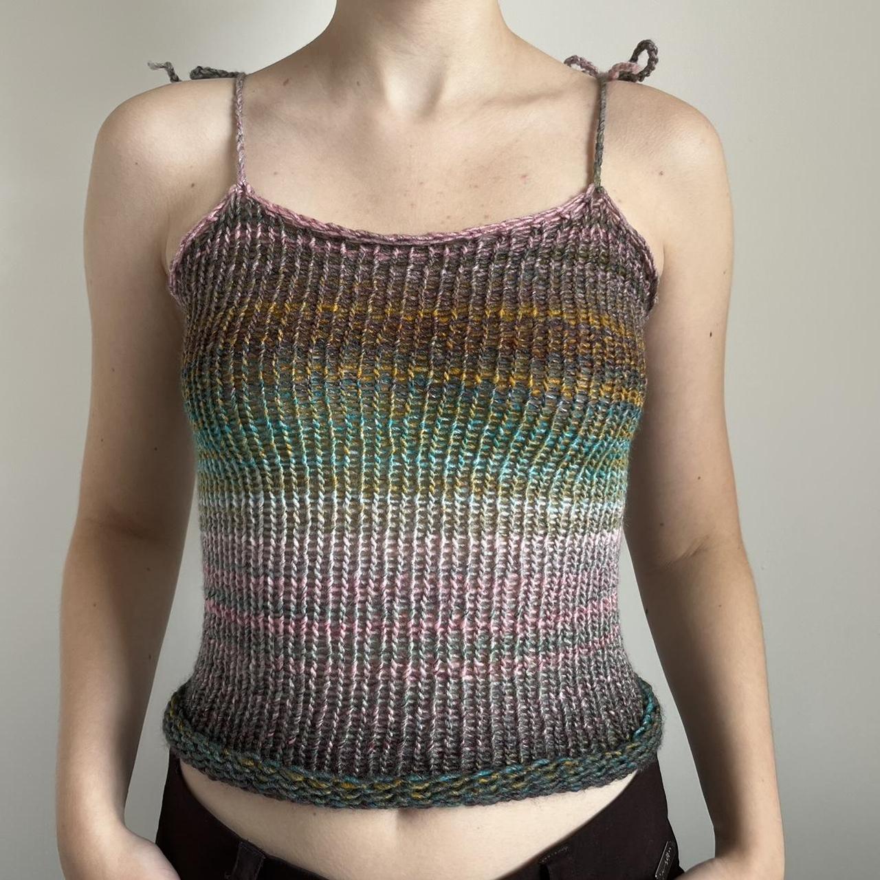 Handmade knitted multicoloured ombré vest top with... - Depop