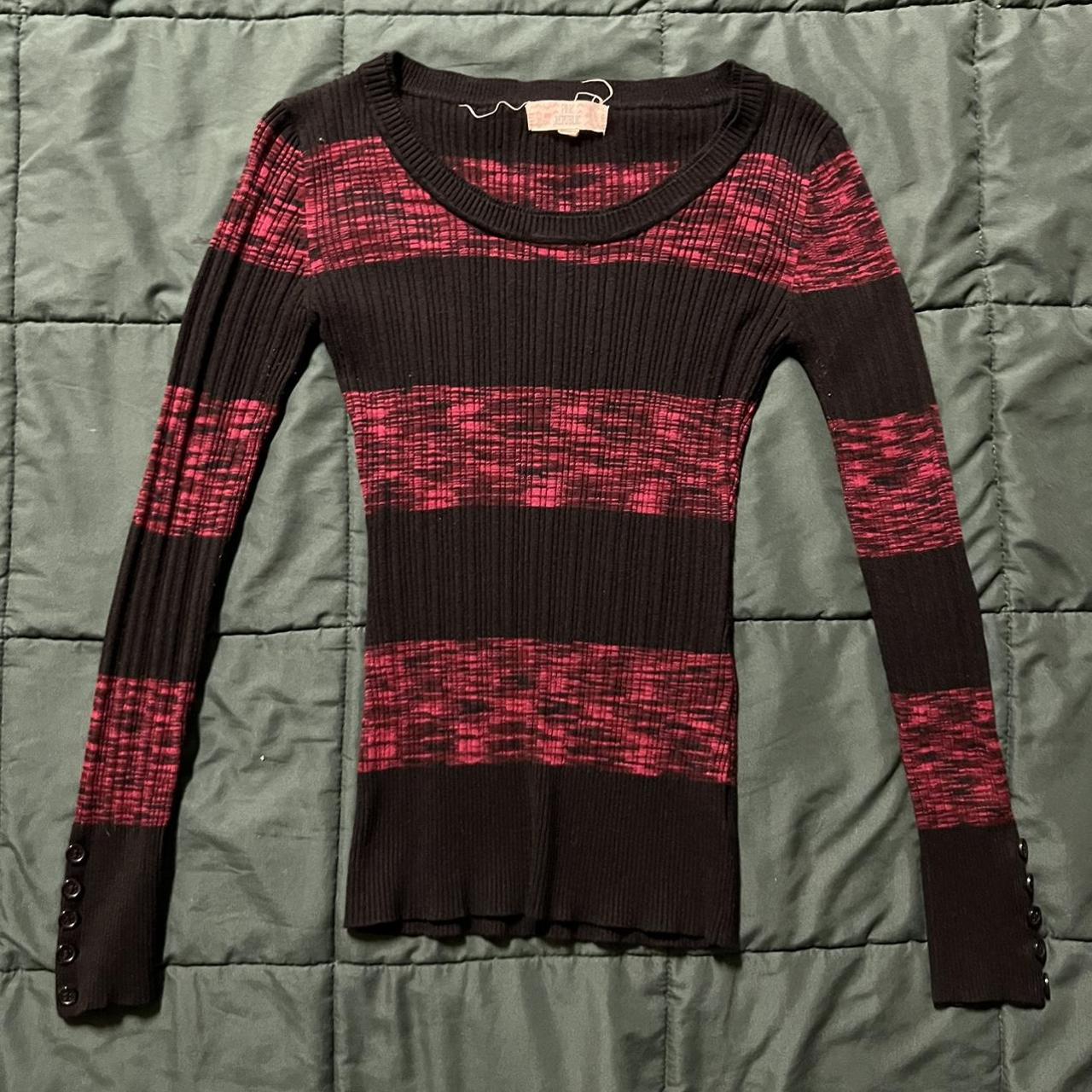 Pink and black striped sweater Fits skin tight on... - Depop