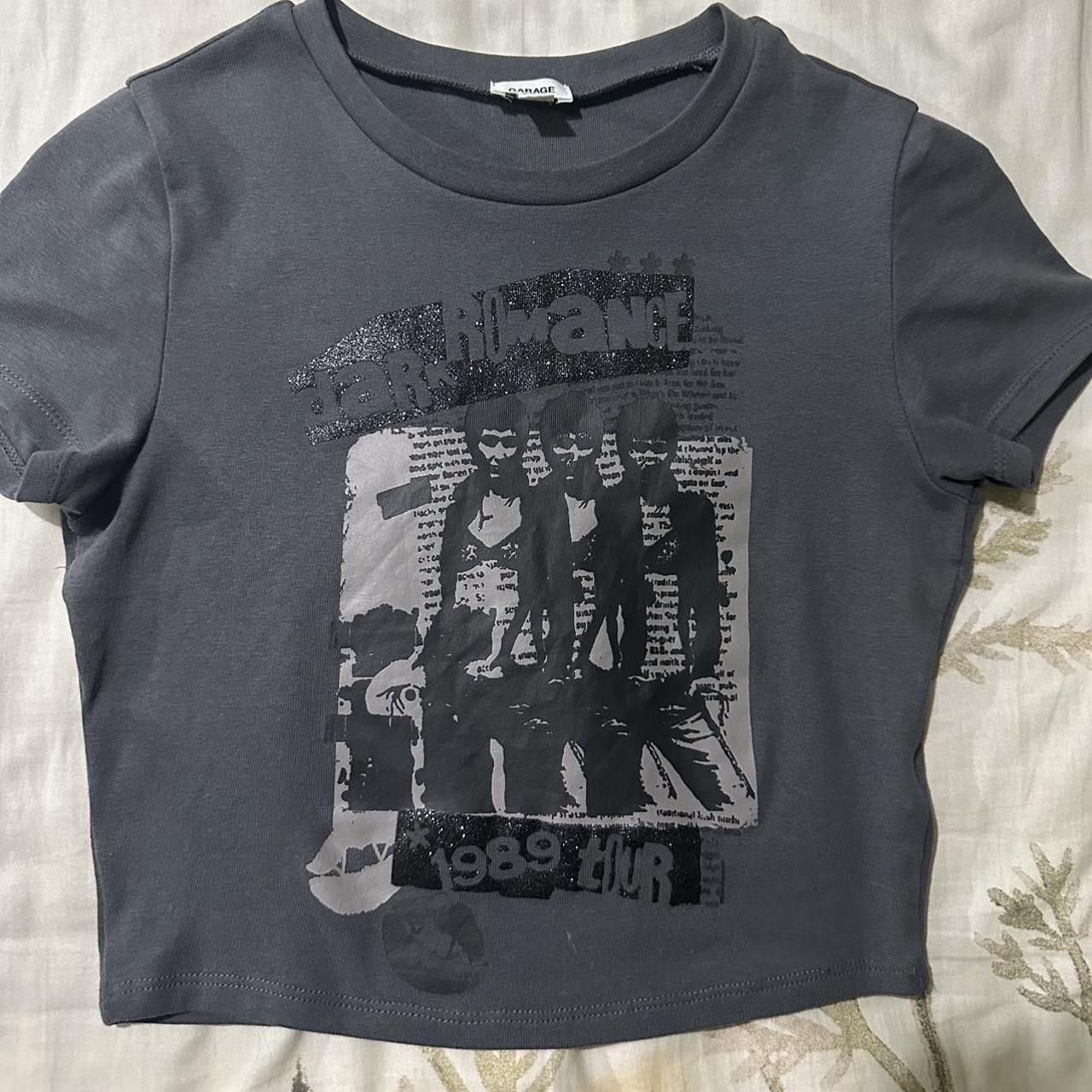 garage baby tee dark grey graphic crop top never... - Depop