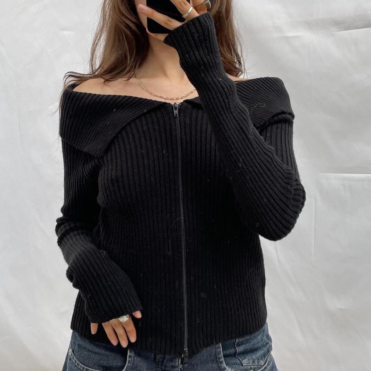 vintage black off the shoulder knit zip sweater, cool