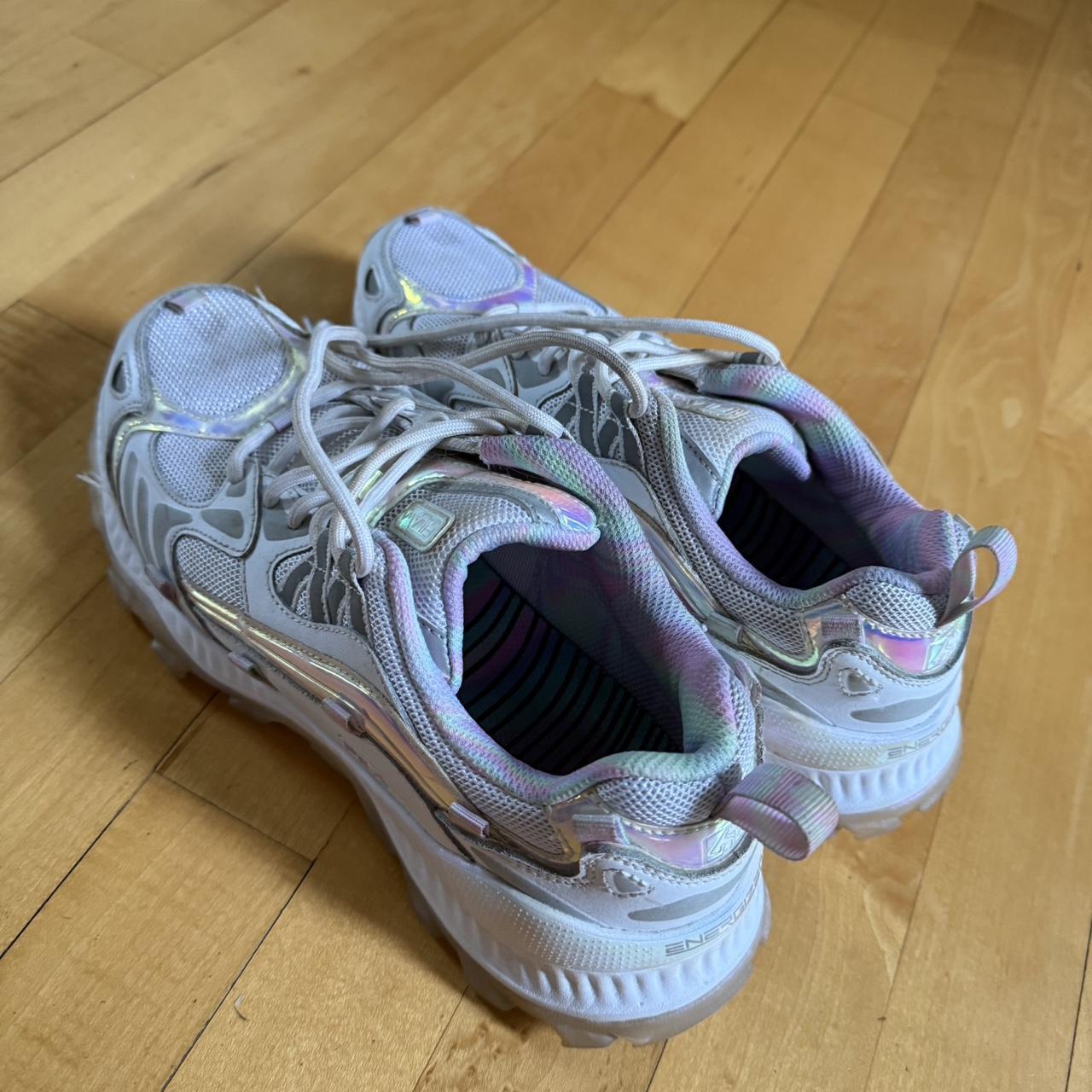 White and silver holographic fila trainers with Depop