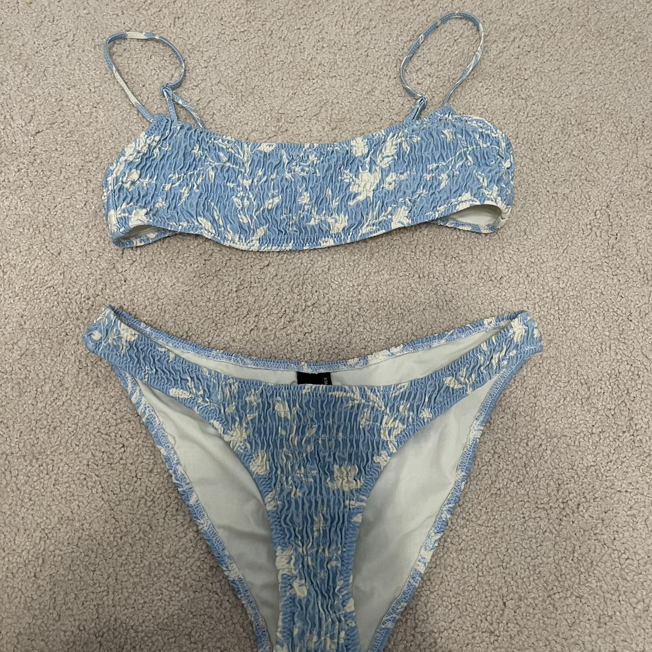 Blue and White ruched Triangl Bikini. Minimally... Depop