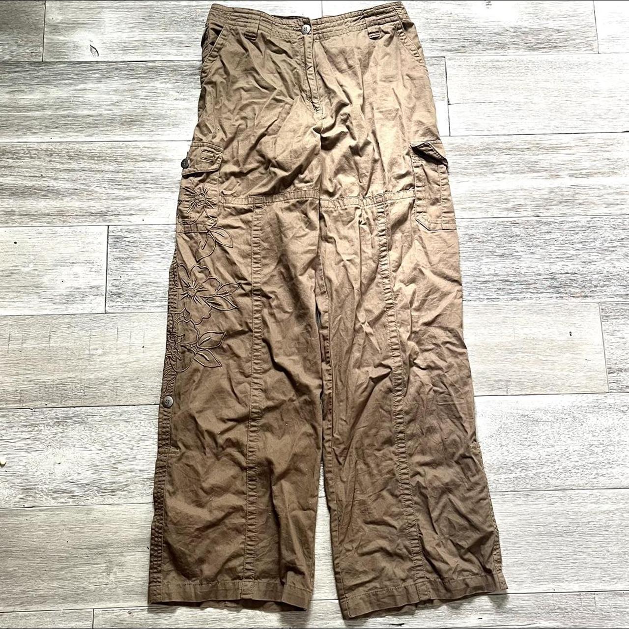 High rise brown cargo pants with embroidered... - Depop