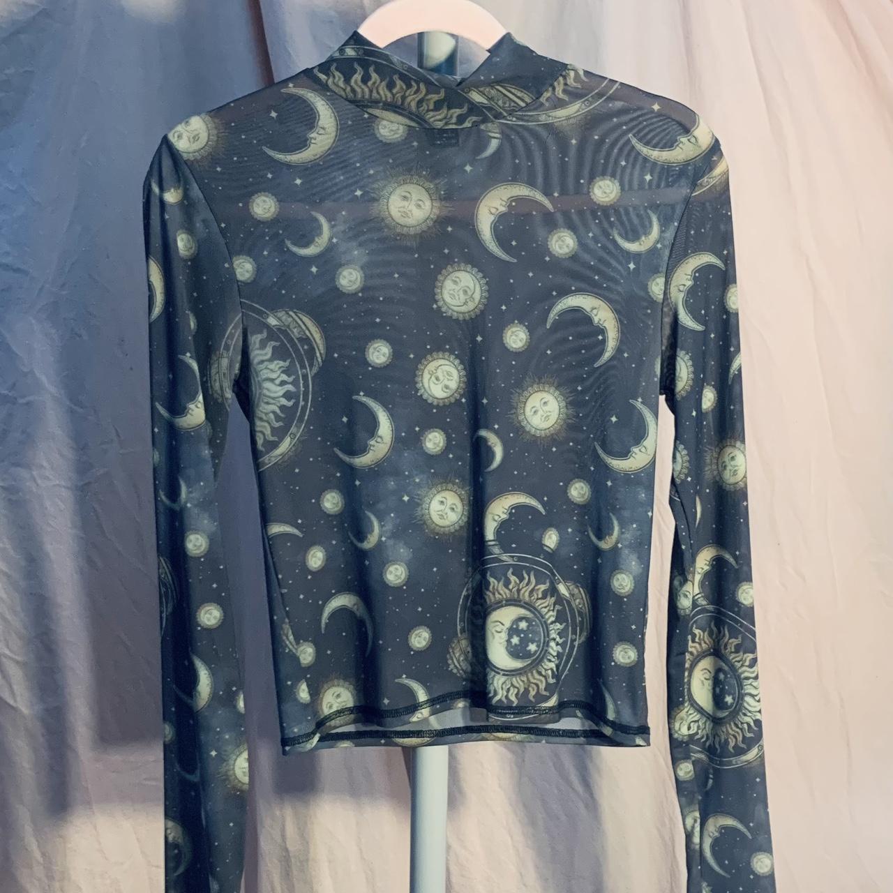 Whimsygoth Sun and Moon Blue Mesh Long Sleeve Top... - Depop