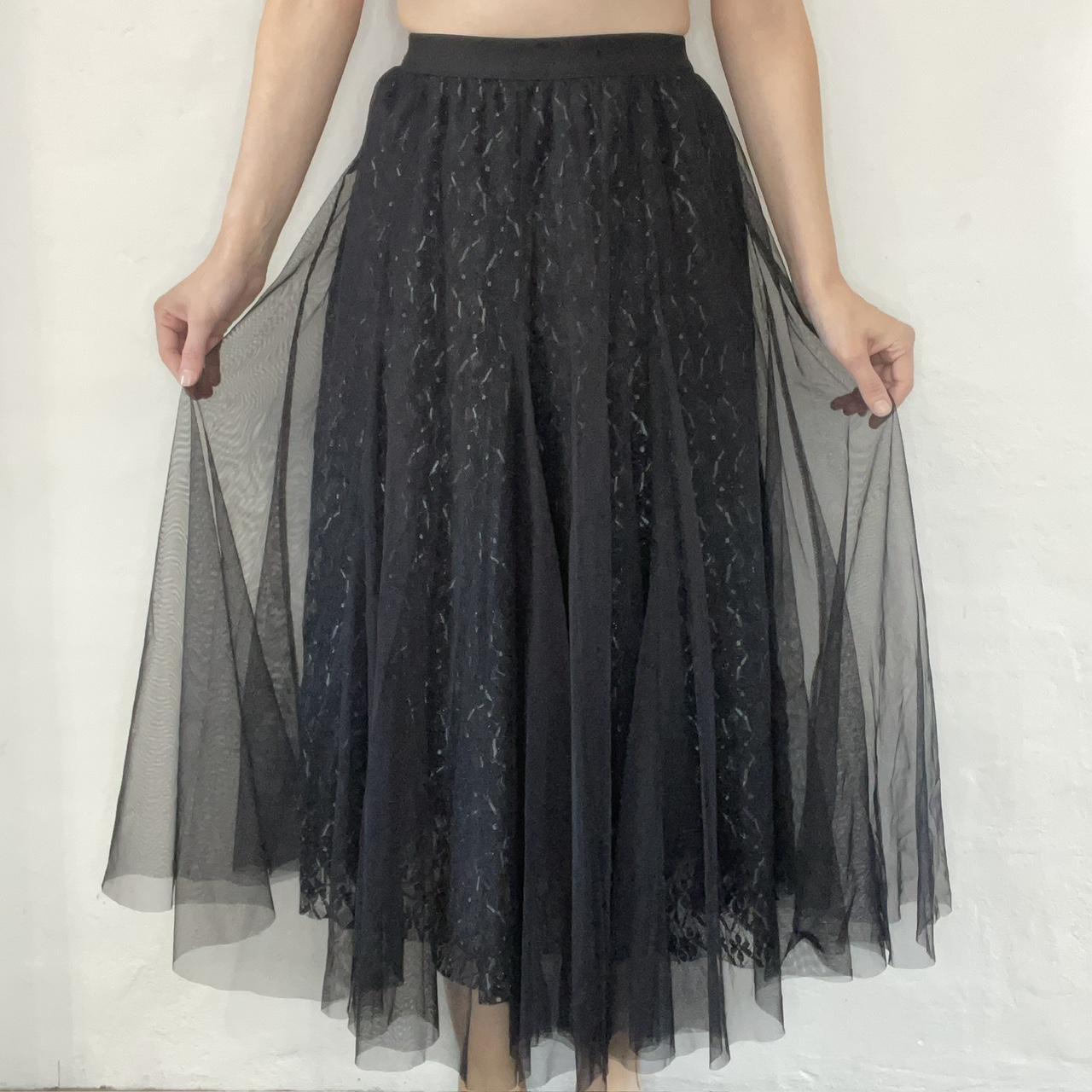 A Line flare silhouette maxi mesh tulle black skirt... - Depop