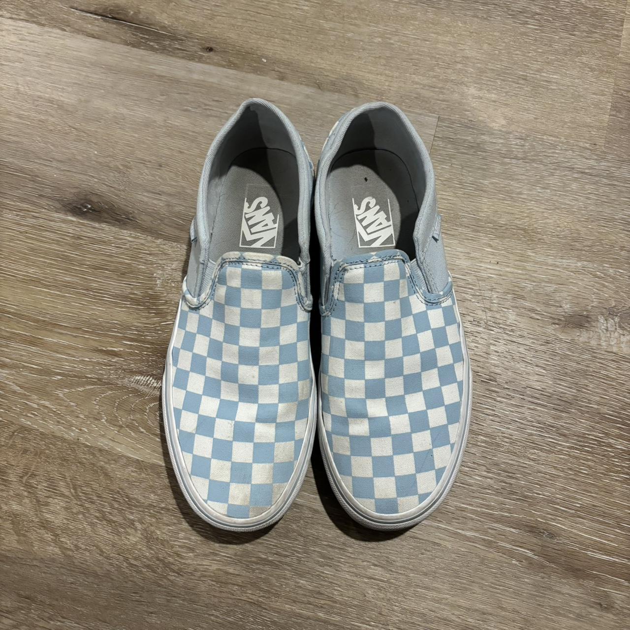 WOMENS 8.5 CHECKERED VANS Light blue white worn. Depop