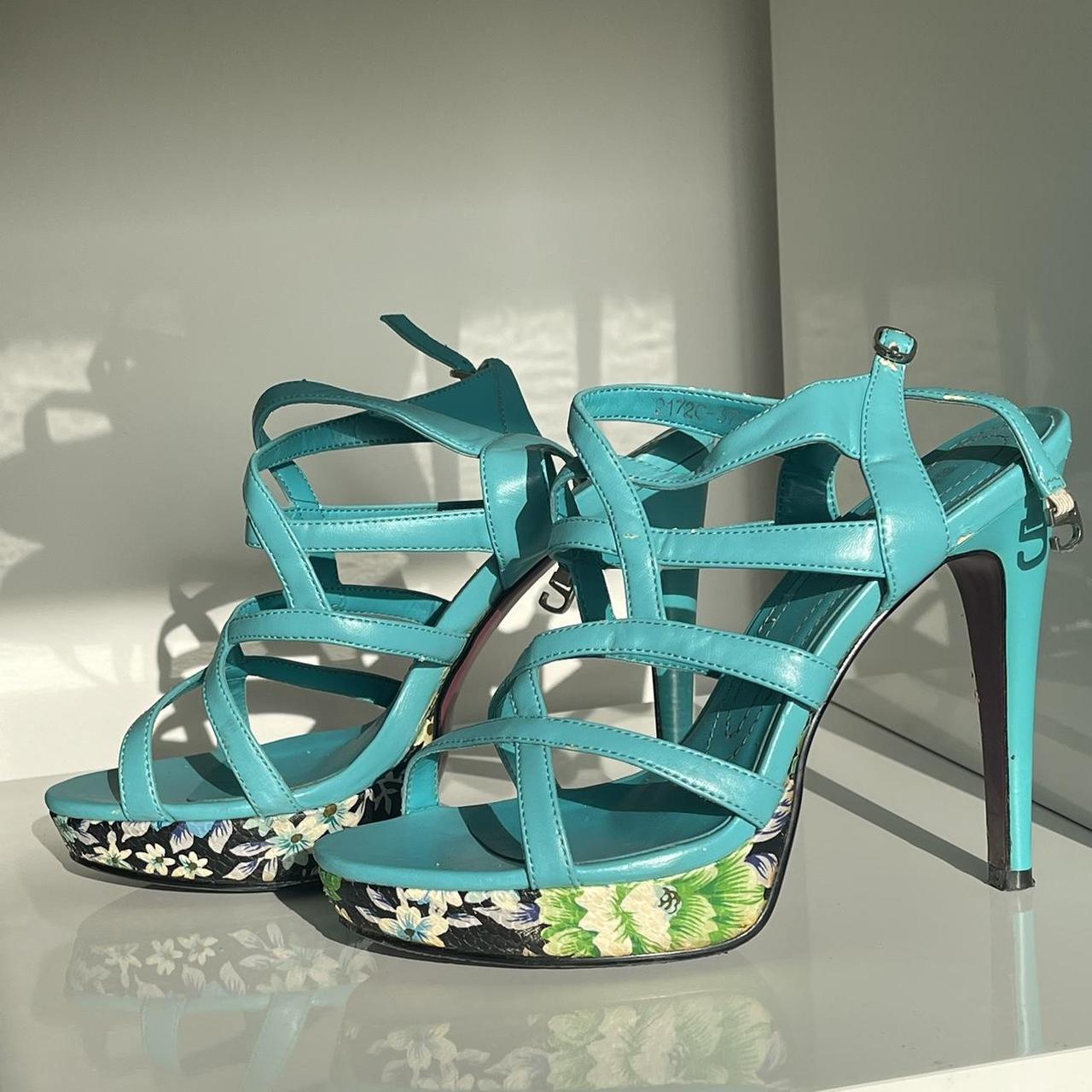 Turquoise High Heel Sandals with Floral... - Depop