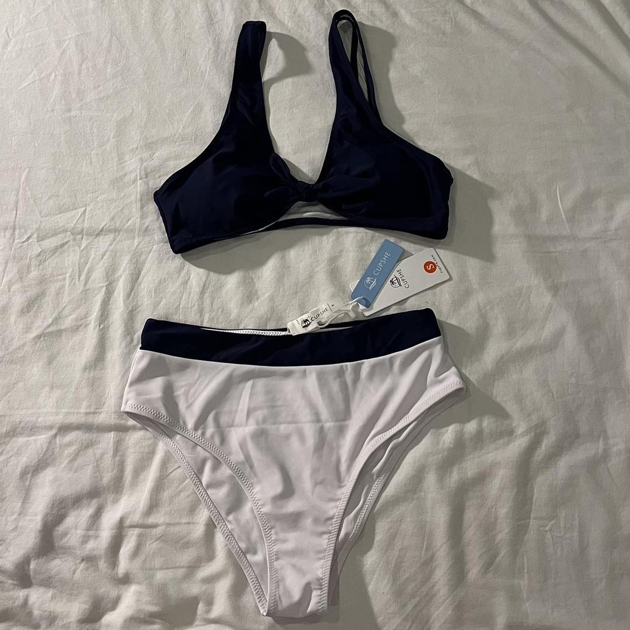 Cupshe Women's White and Navy Bikinisandtankinisets Depop