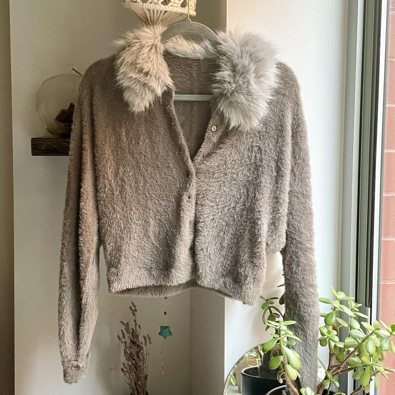 Grey Free People super soft faux fur cardigan with. Depop