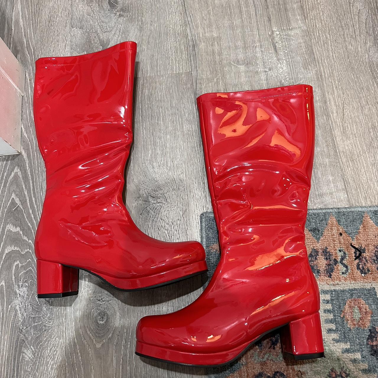 Bright red fake leather mid calf boots - Depop