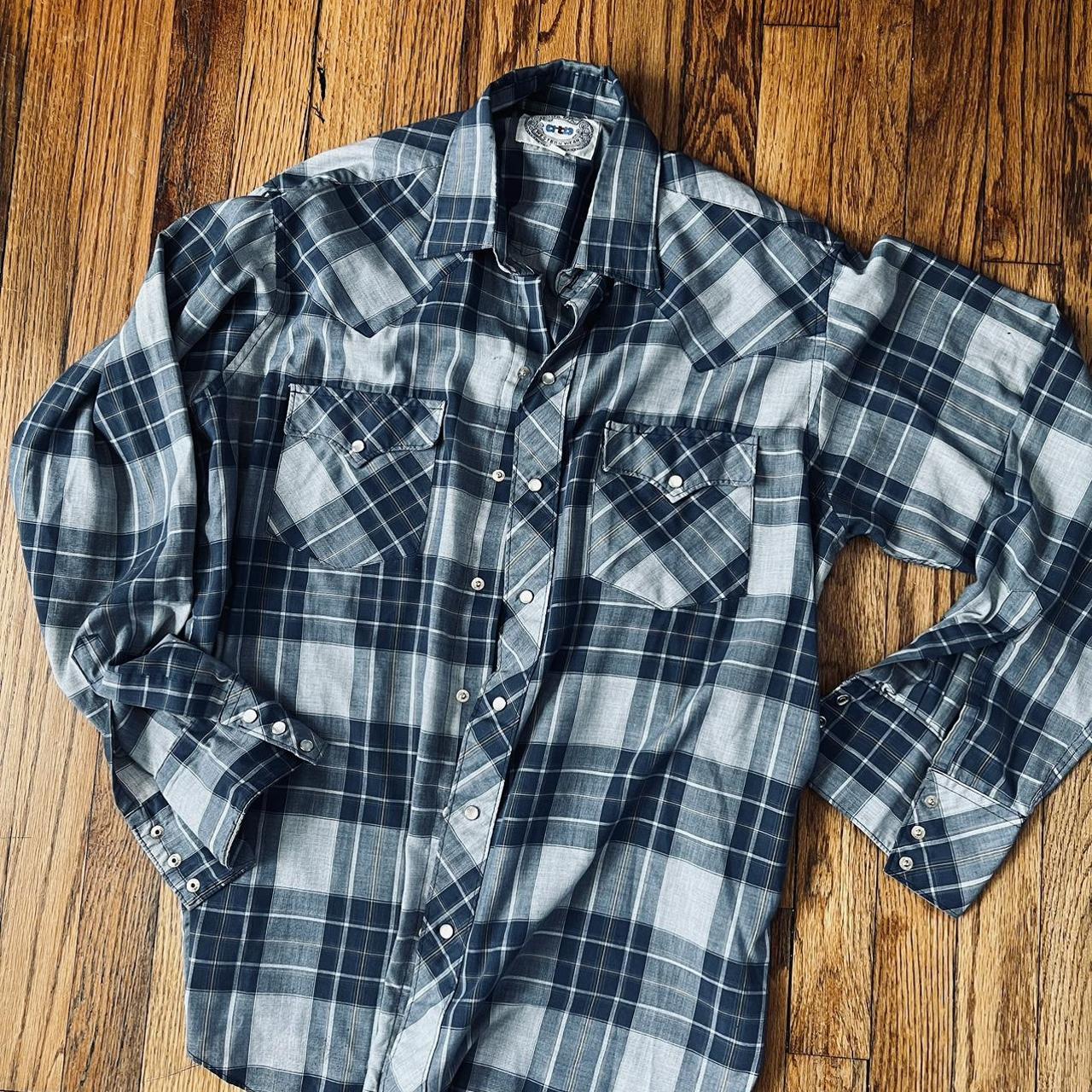 MENS VINTAGE BLUE PLAID LONG SLEEVE WESTERN PEARL SNAP SHIRT