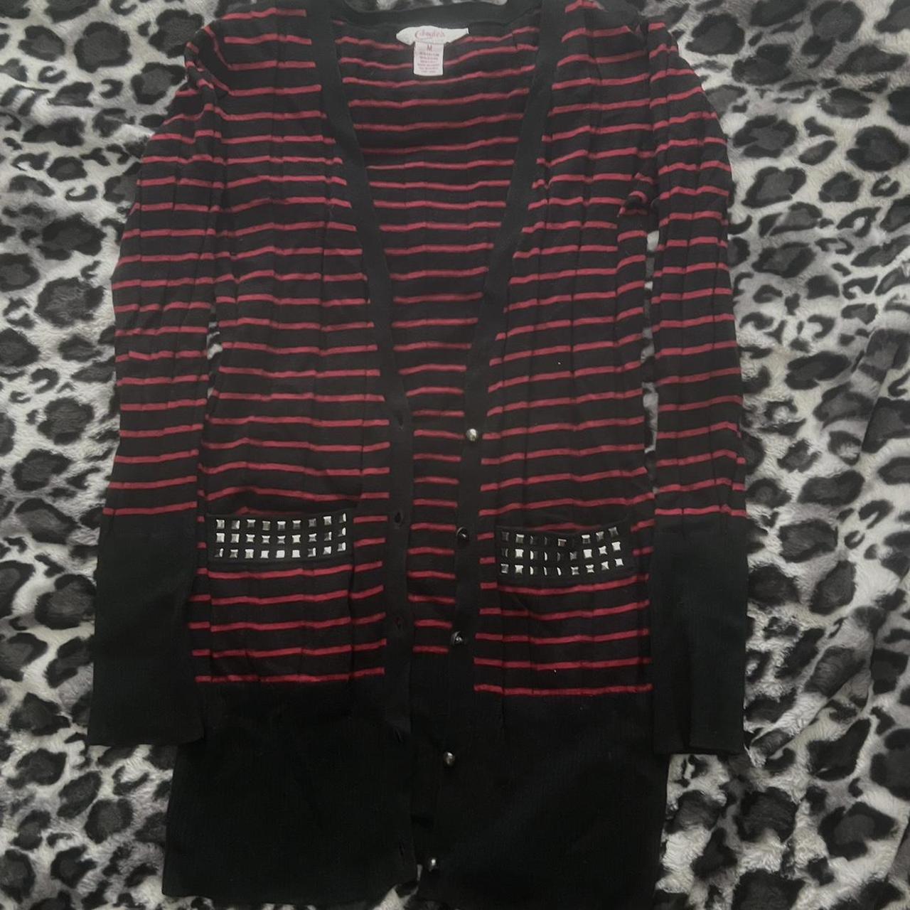 red and black cardigan it’s rlly long kinda like a... - Depop