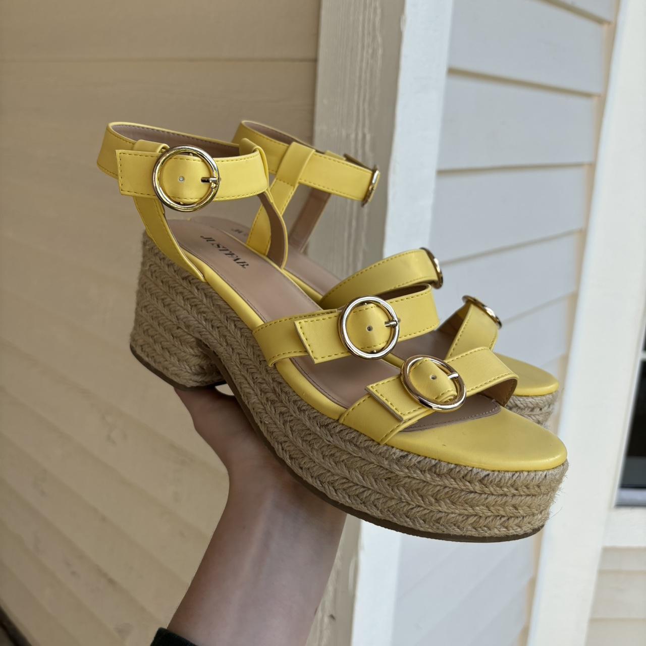 cute yellow heeled sandals gold buckles small. Depop