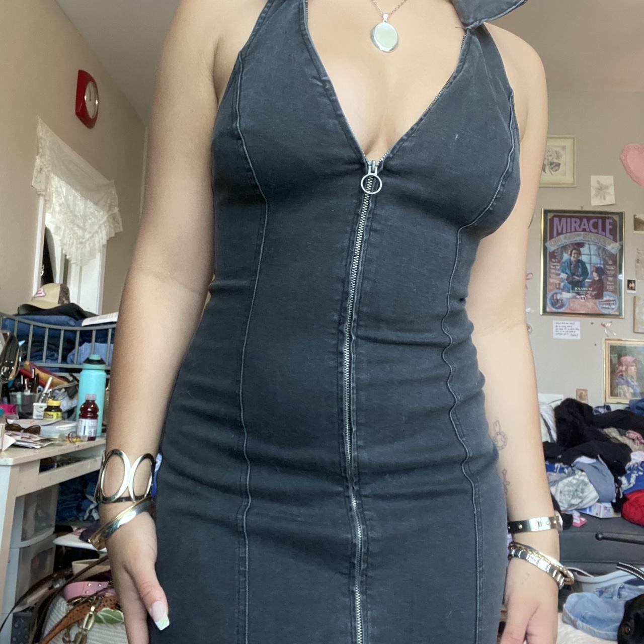 Denim halter mini dress Size small but is stretchy... - Depop