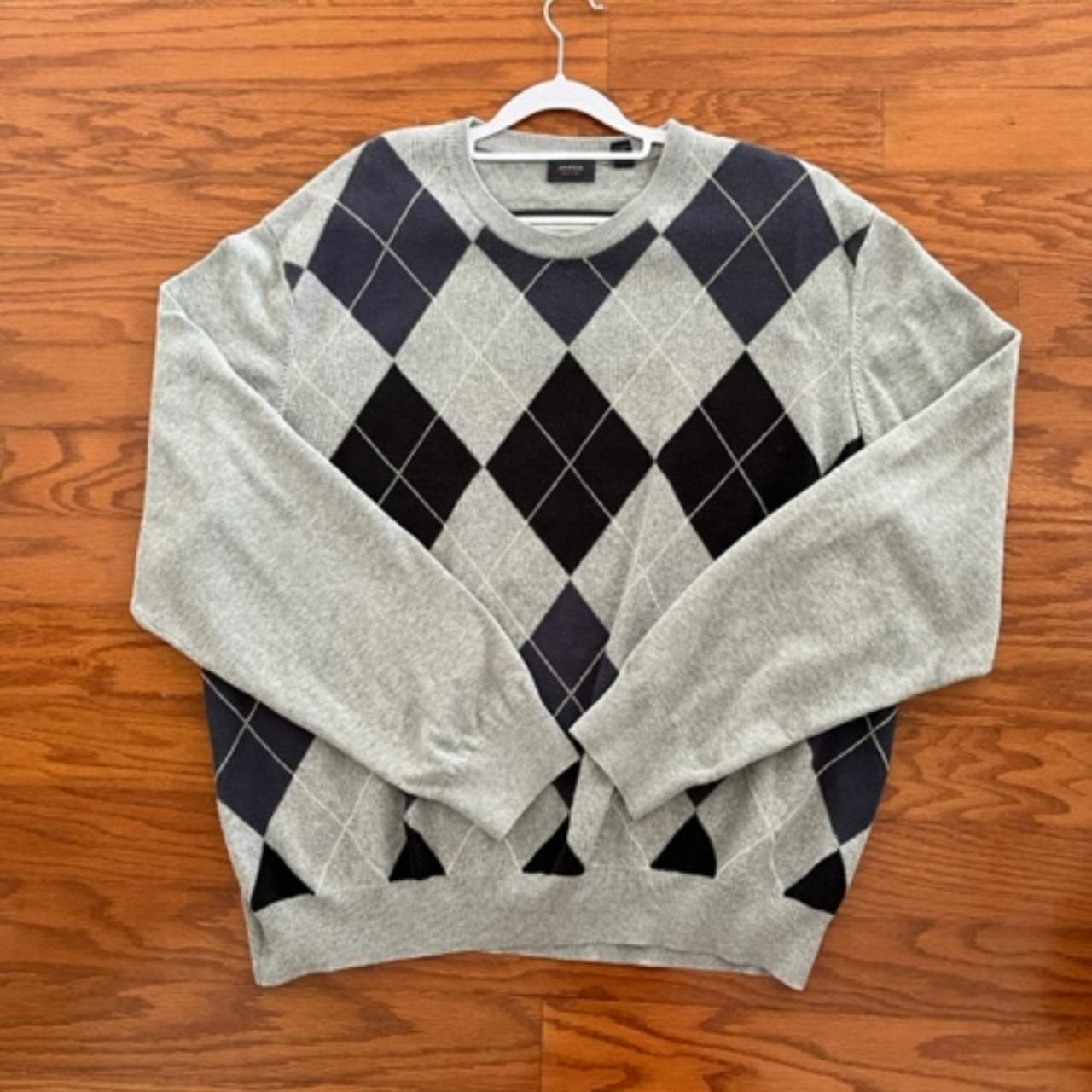 Arrow Grey and Navy Argyle Oversized Sweater Size... - Depop