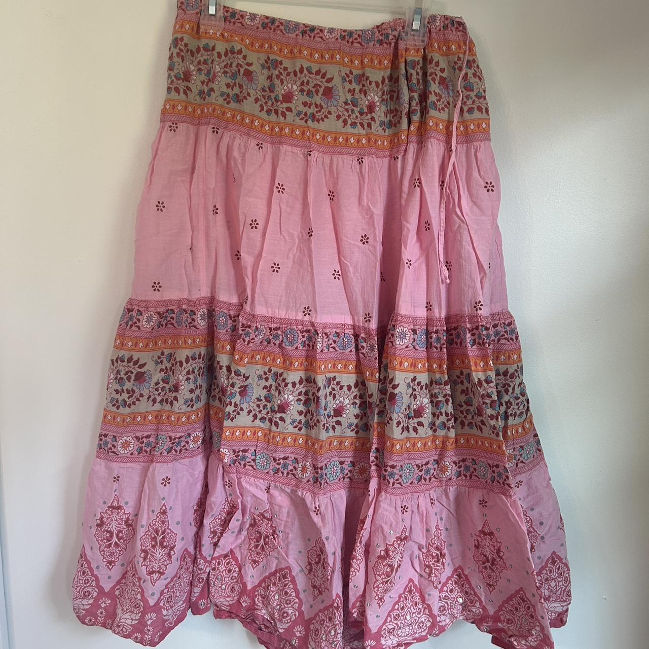 Pink and Orange Patterned flowy summer skirt Size... - Depop