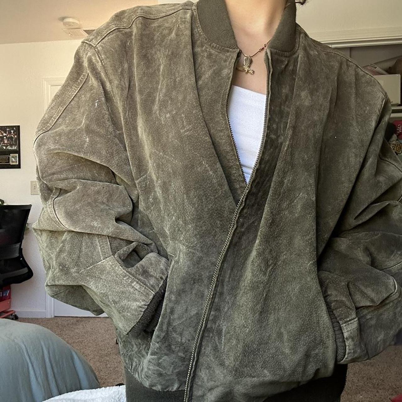 STUNNING green suede bomber jacket!! heavy and warm,... Depop