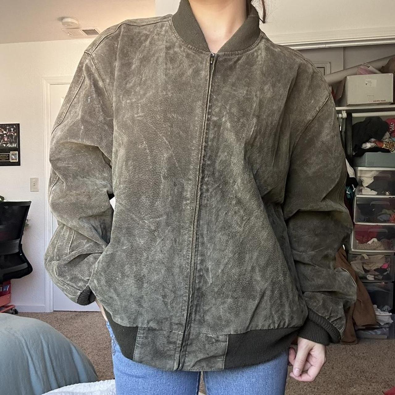 STUNNING green suede bomber jacket!! heavy and warm,... Depop