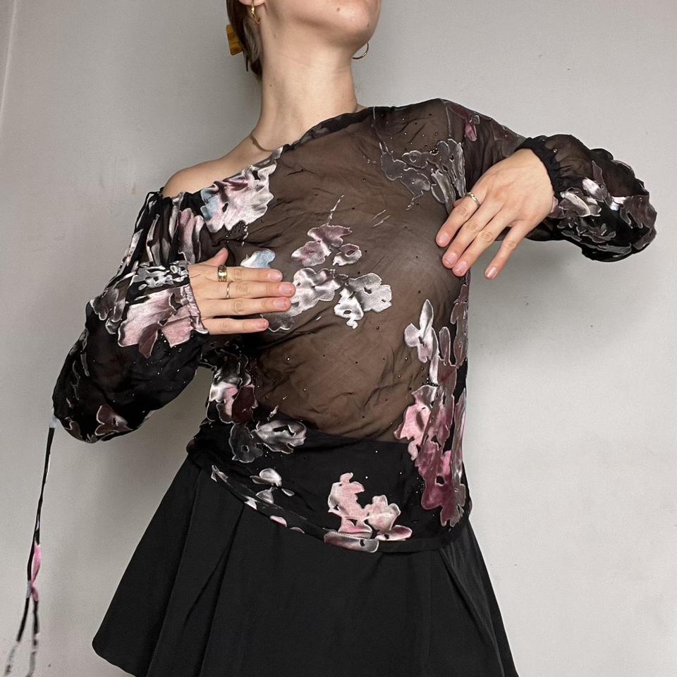 Black mesh top with floral print